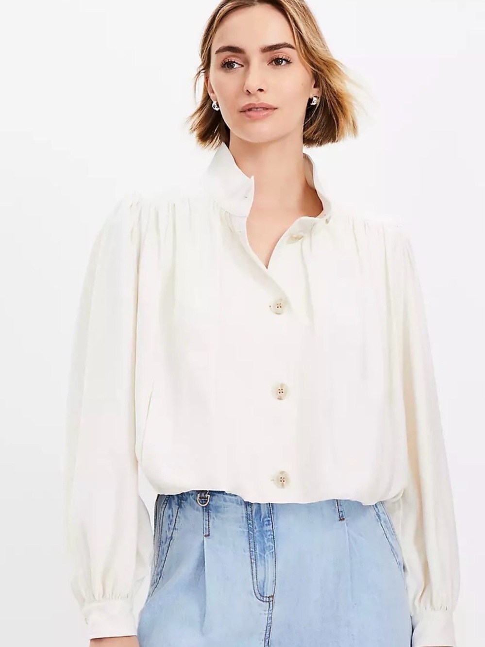 LOFT Ivory Button-Front Puff Sleeve Swing Jacket